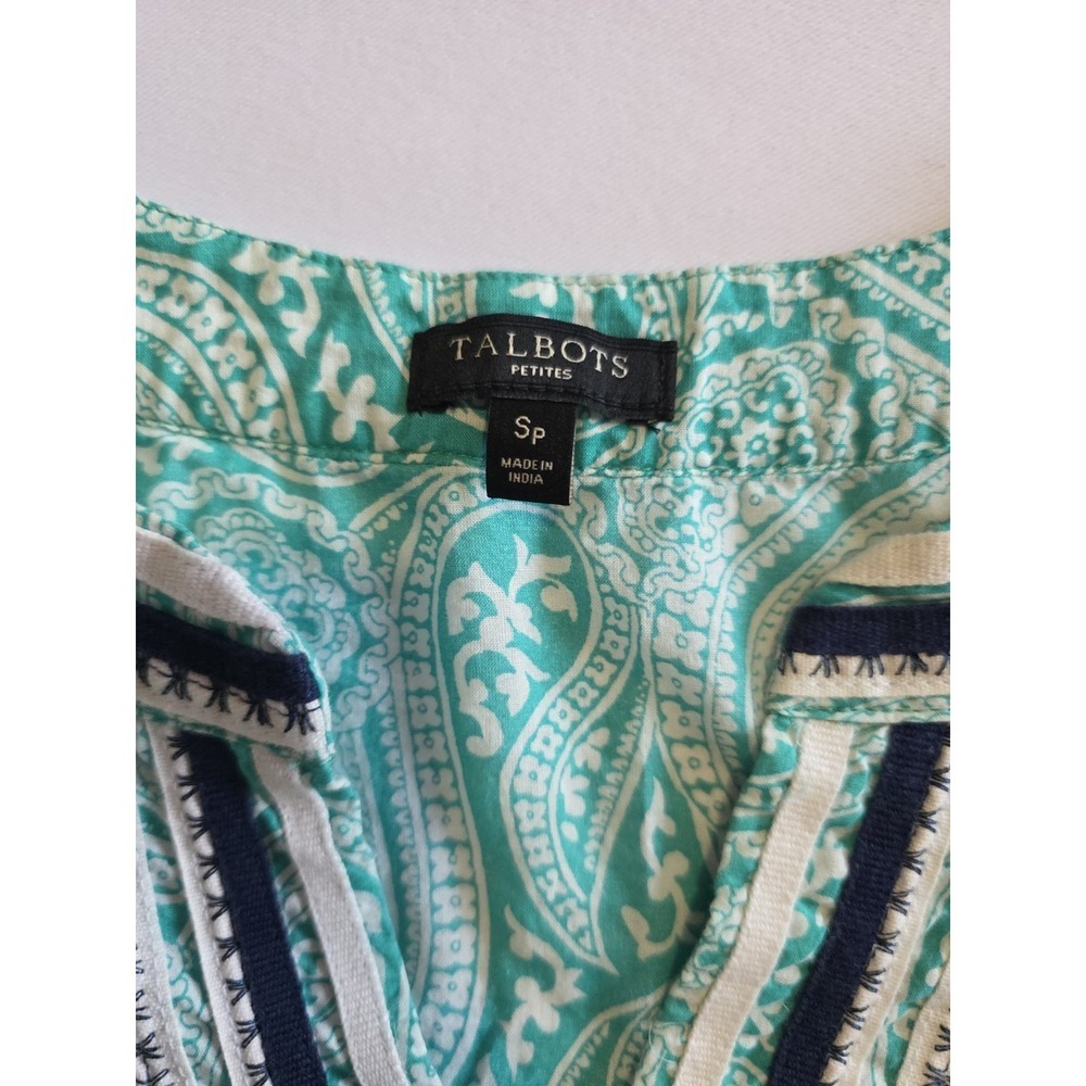 Talbots Women's Paisley Blouse Size S Green Cotton Tunic 3/4 Sleeve Top - Picture 4 of 8